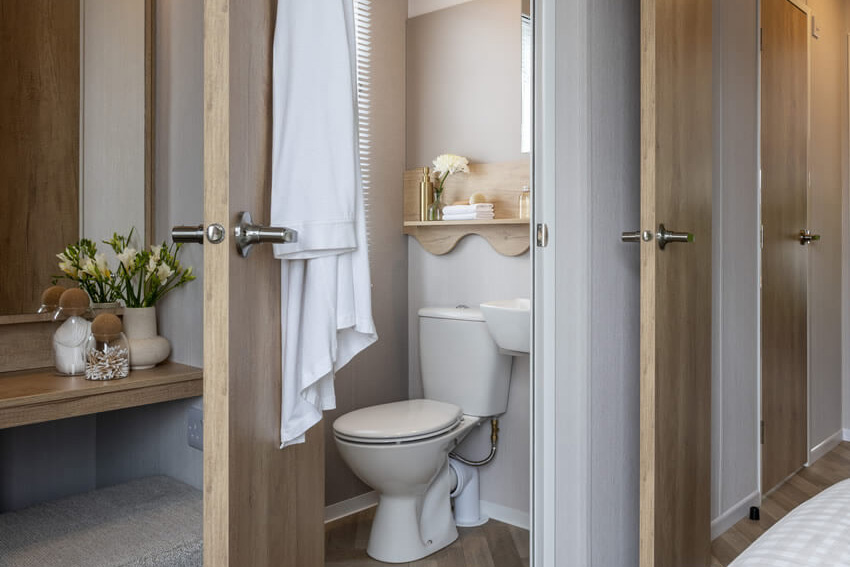 en-suite bathroomoff the master bedroom in the Burgundy caravan